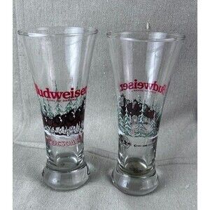 2- 22oz VTG Budweiser Clydesdales Pilsner Beer Glass Winter Scene 1989 Christmas